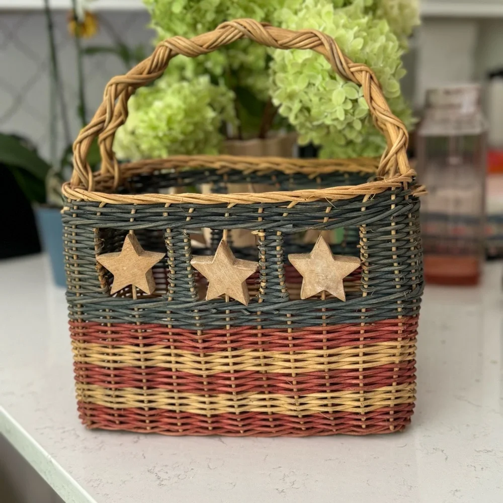 Vintage Basket Tied Hanging Wooden Stars 11” x 8”x 12”H w/ handle 4th of July